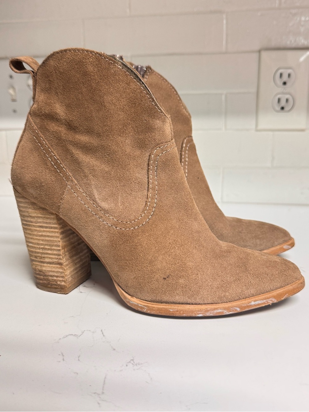 Pure Navy Taupe Suede and Leather Heel Cowboy Booties Size 8.5 - Picture 3 of 8